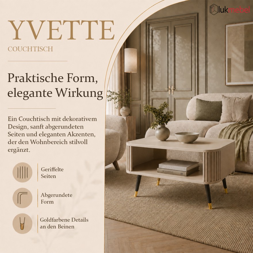Couchtisch YVETTE KASCHMIR mit Ablage und Beinen