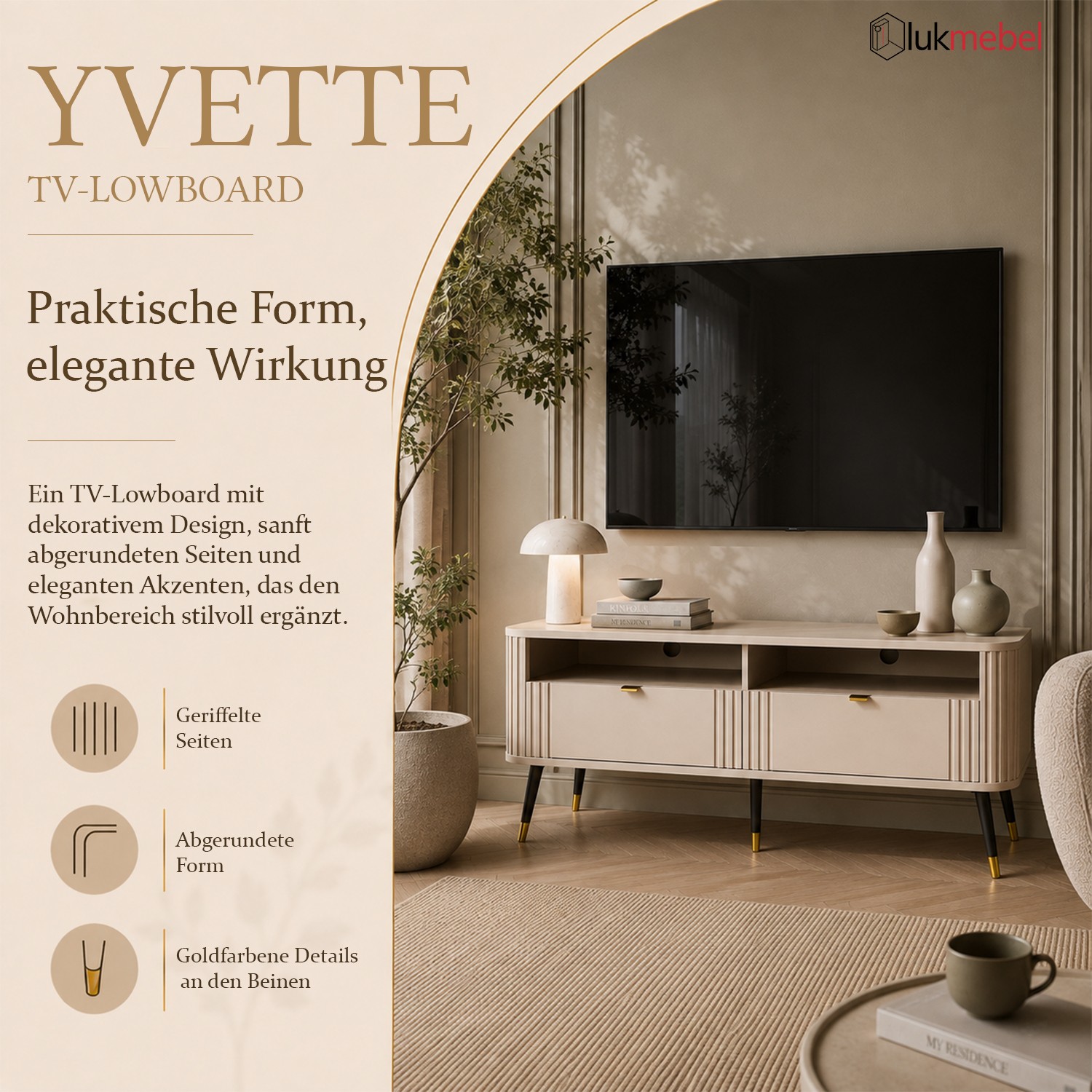 TV-Lowboard YVETTE KASCHMIR 138 cm mit zwei Schubladen
