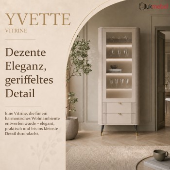 Vitrinenschrank YVETTE KASCHMIR mit Schubladen und LED-Beleuchtung