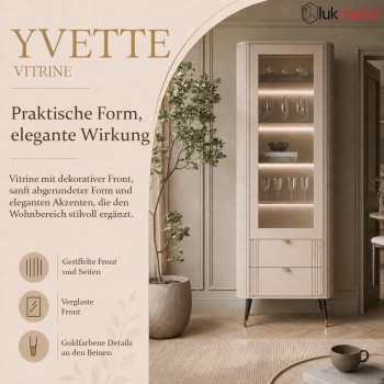 Vitrinenschrank YVETTE KASCHMIR mit Schubladen und LED-Beleuchtung
