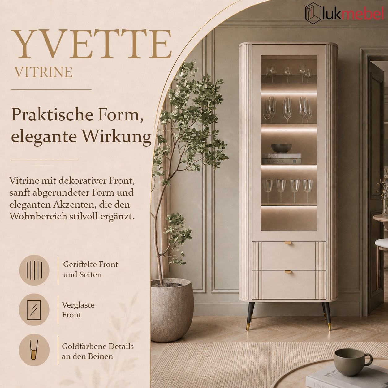 Vitrinenschrank YVETTE KASCHMIR mit Schubladen und LED-Beleuchtung
