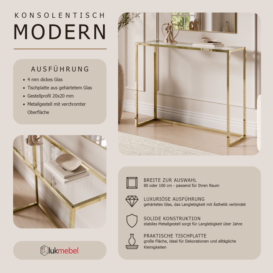 Konsole MODERN II GLASS GOLD CHROM 80/100 cm