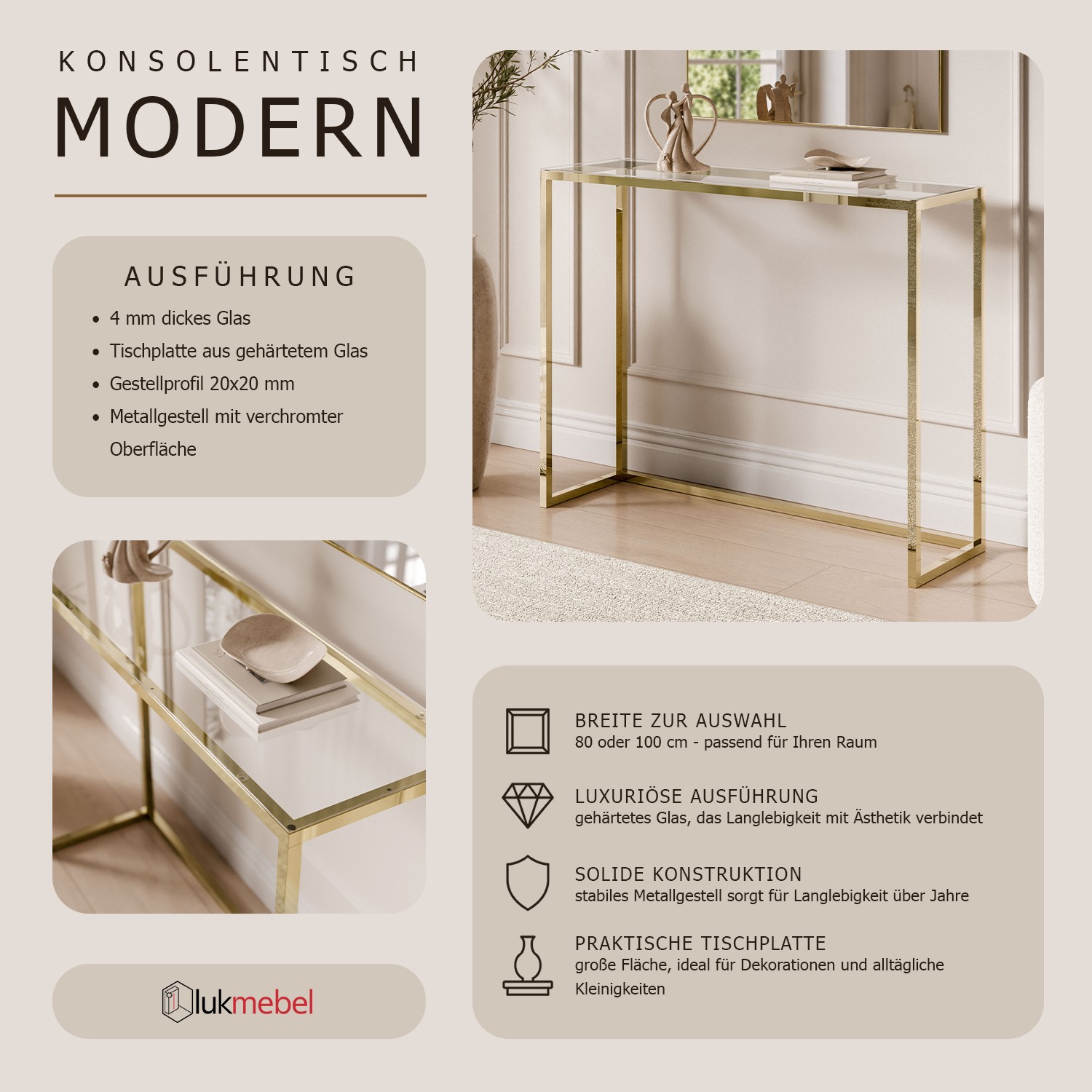 Konsole MODERN II GLASS GOLD CHROM 80/100 cm