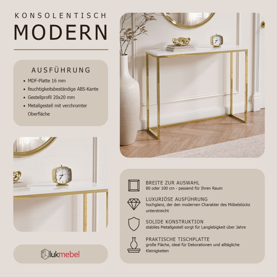 Konsole MODERN II, GOLD-CHROM, 80/100 cm, Hochglanz