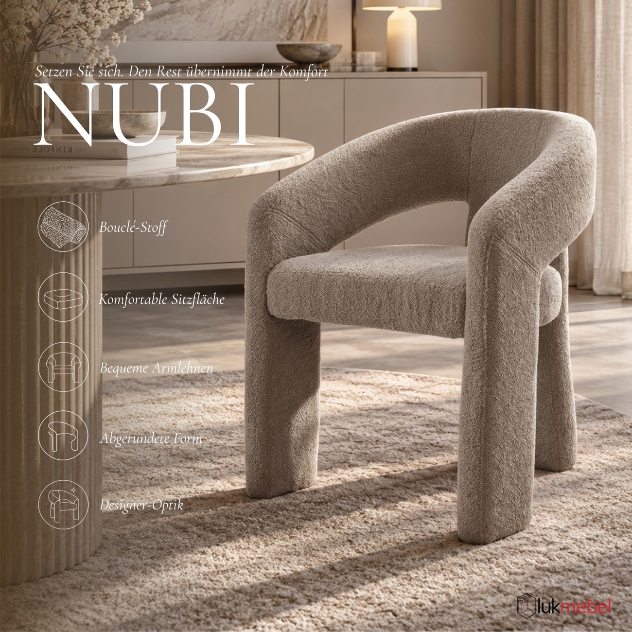 Sessel NUBI aus Bouclé-Stoff mit abgerundeter Rückenlehne
