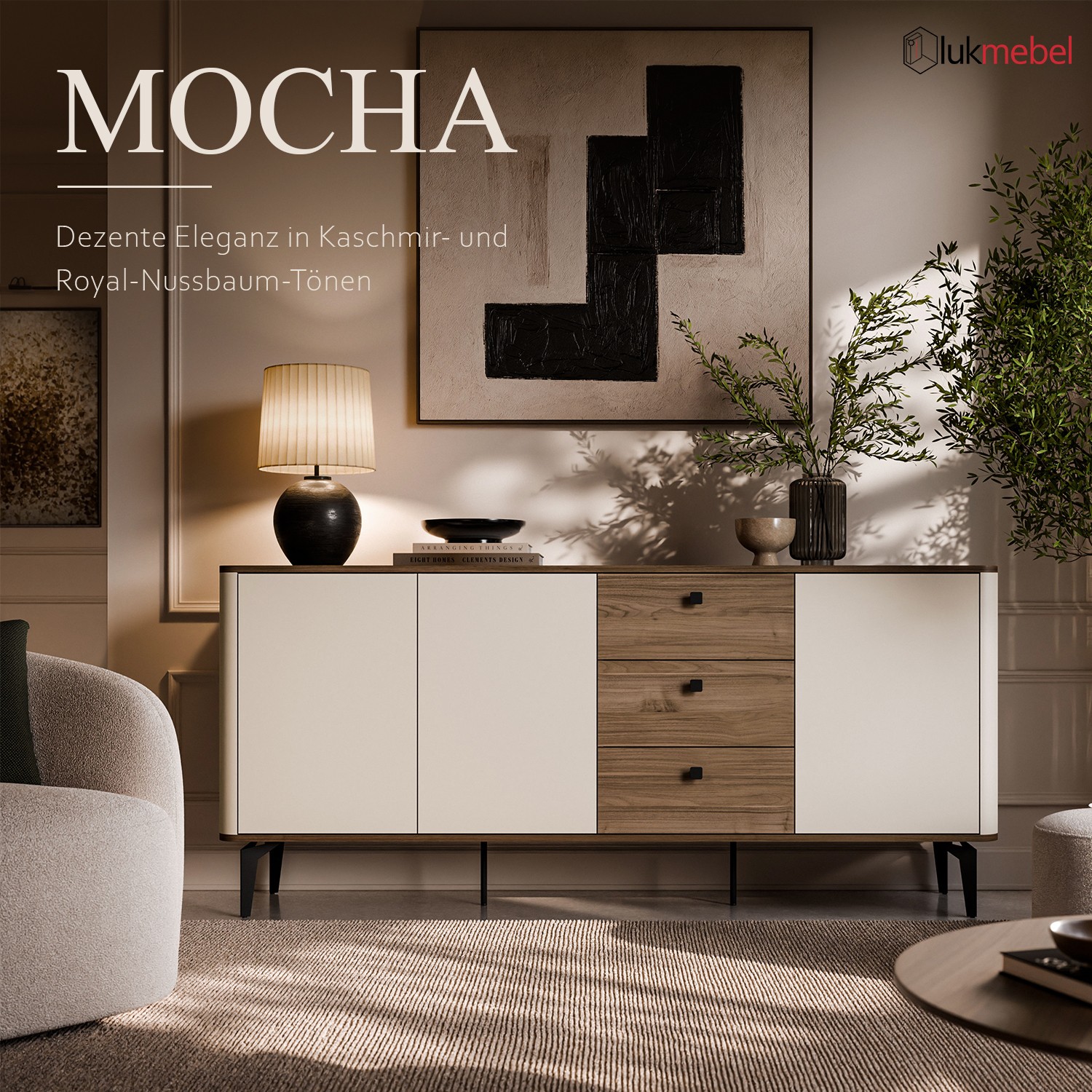Kommode MOCHA 180 cm 3D3S Kaschmir Nussbaum Royal mit Schubladen