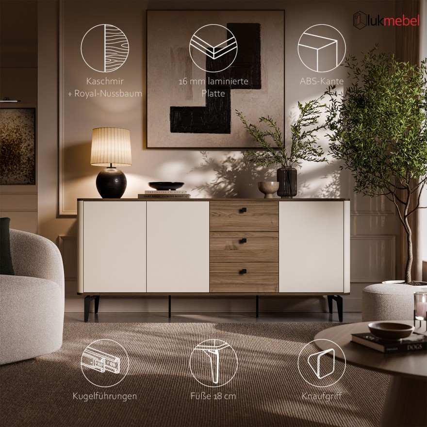 Kommode MOCHA 180 cm 3D3S Kaschmir Nussbaum Royal mit Schubladen