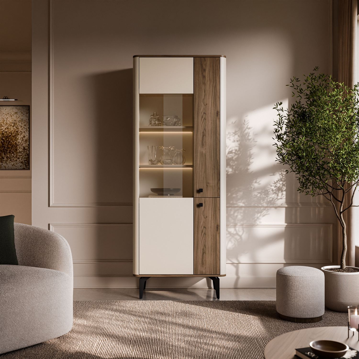 Vitrine MOCHA mit Glasfront und LED-Beleuchtung.