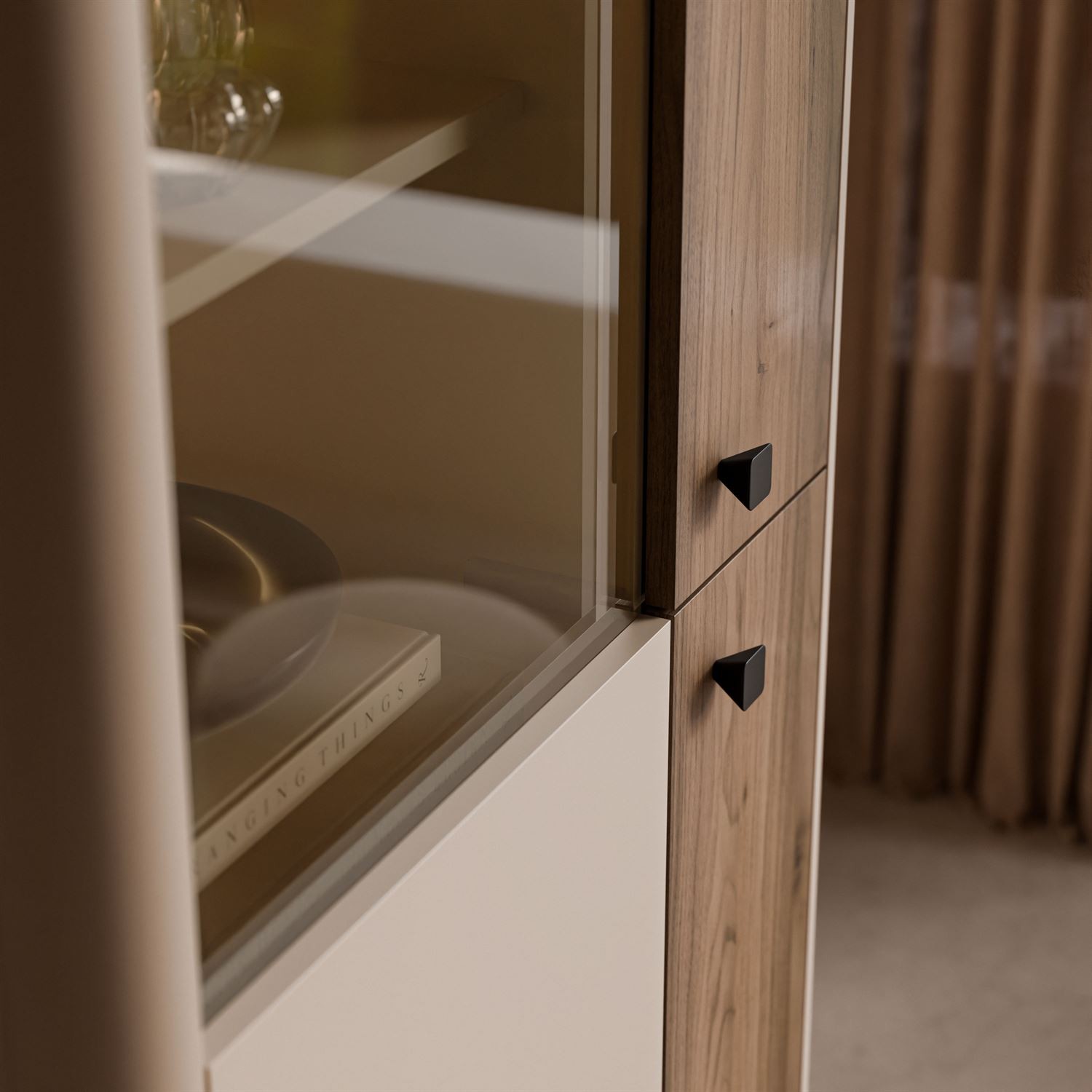 Vitrine MOCHA mit Glasfront und LED-Beleuchtung.