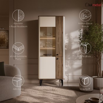 Vitrine MOCHA mit Glasfront und LED-Beleuchtung.