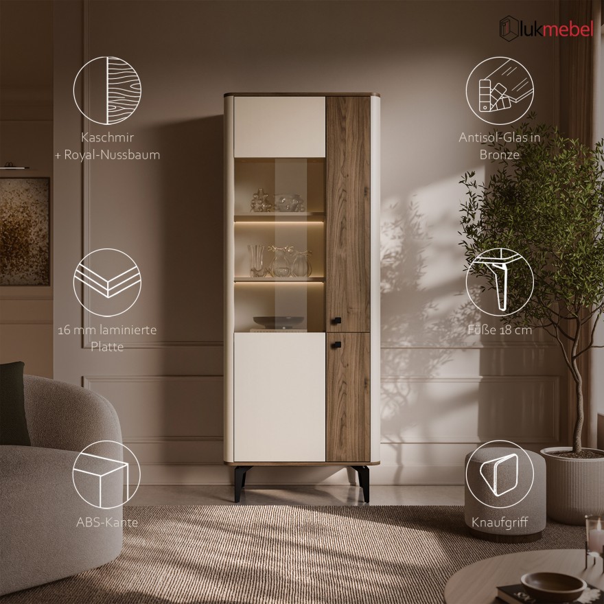 Vitrine MOCHA mit Glasfront und LED-Beleuchtung.