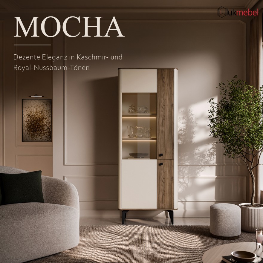 Vitrine MOCHA mit Glasfront und LED-Beleuchtung.