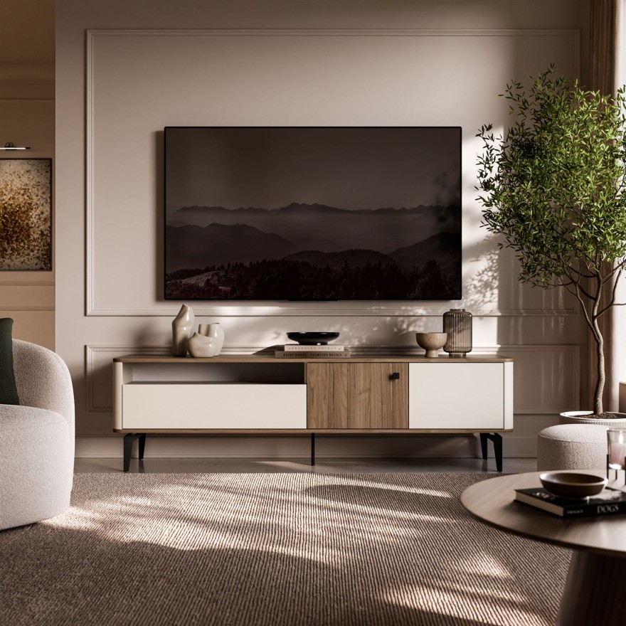 TV-Schrank MOCHA 180 cm mit Schublade und offenem Fach.