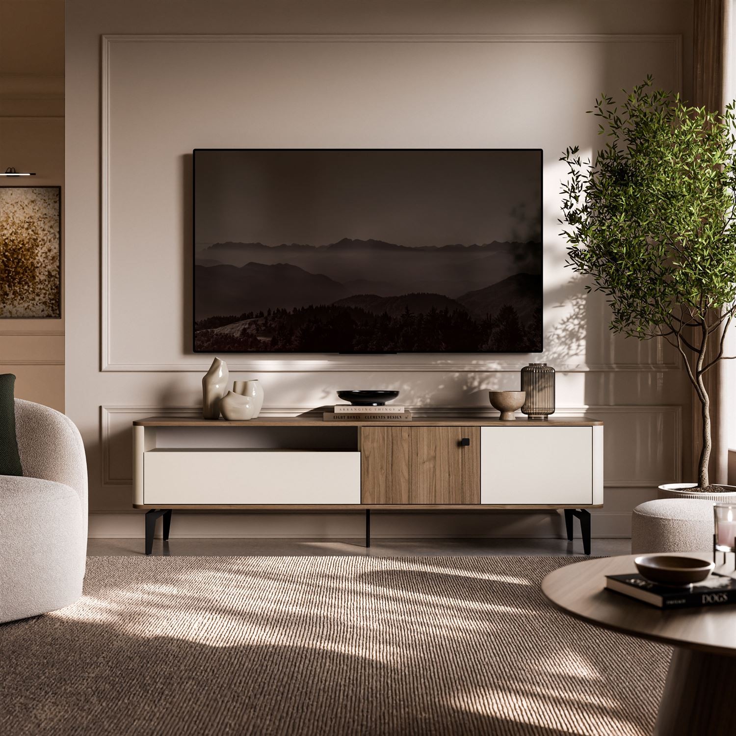 TV-Schrank MOCHA 180 cm mit Schublade und offenem Fach.