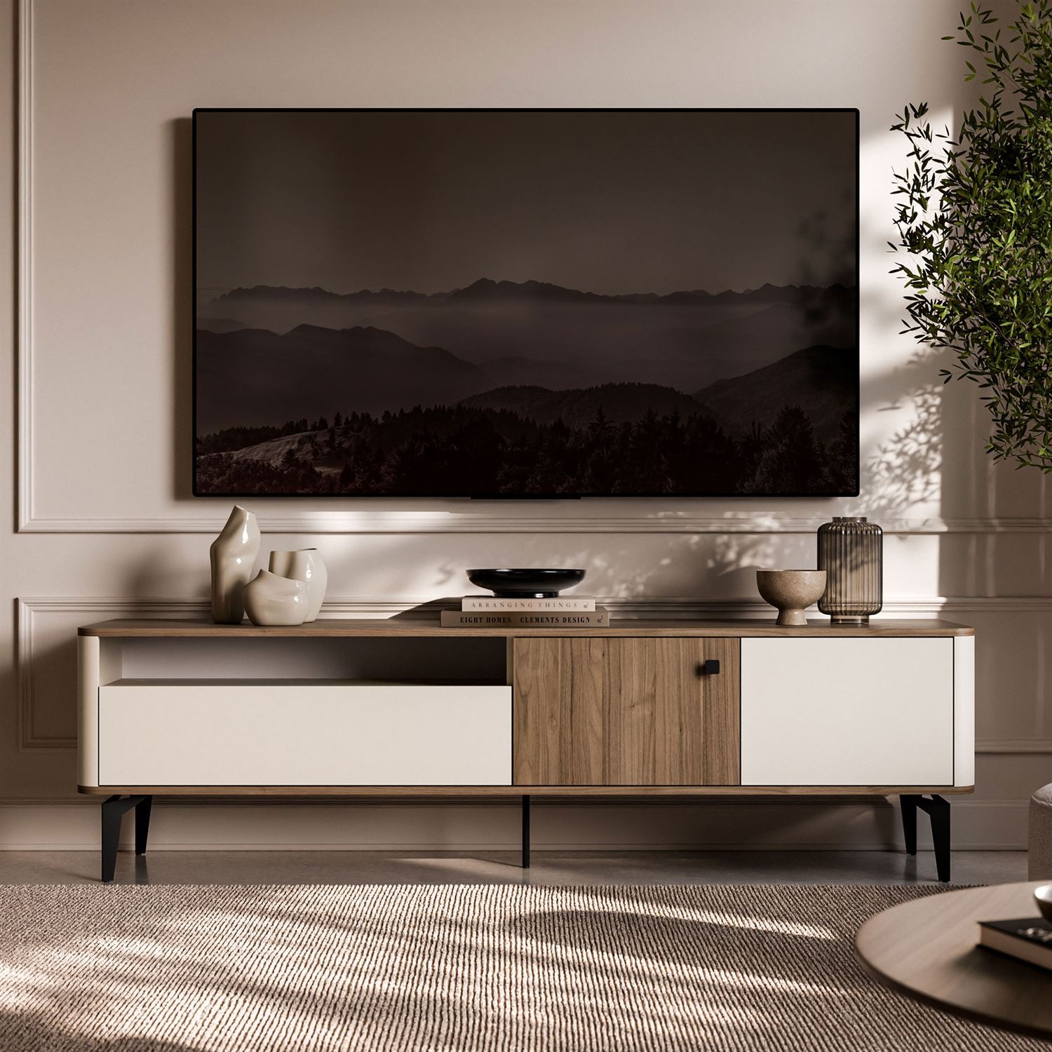 TV-Schrank MOCHA 180 cm mit Schublade und offenem Fach.