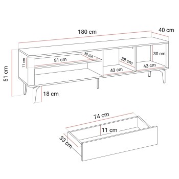 TV-Schrank MOCHA 180 cm mit Schublade und offenem Fach.