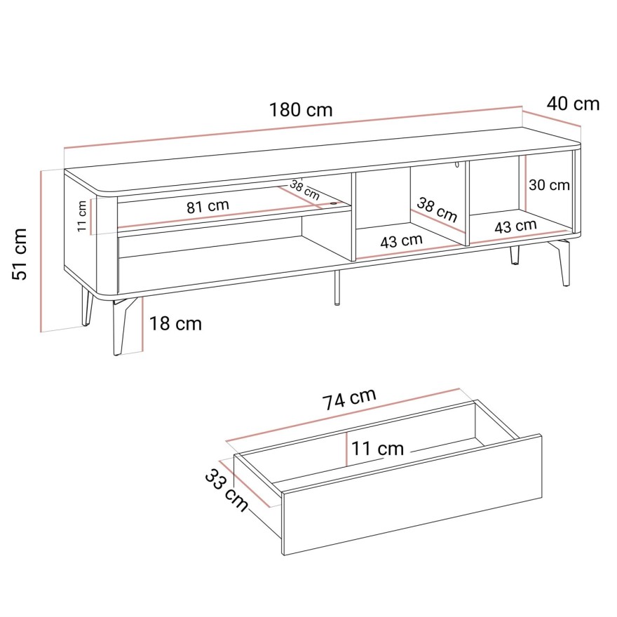 TV-Schrank MOCHA 180 cm mit Schublade und offenem Fach.