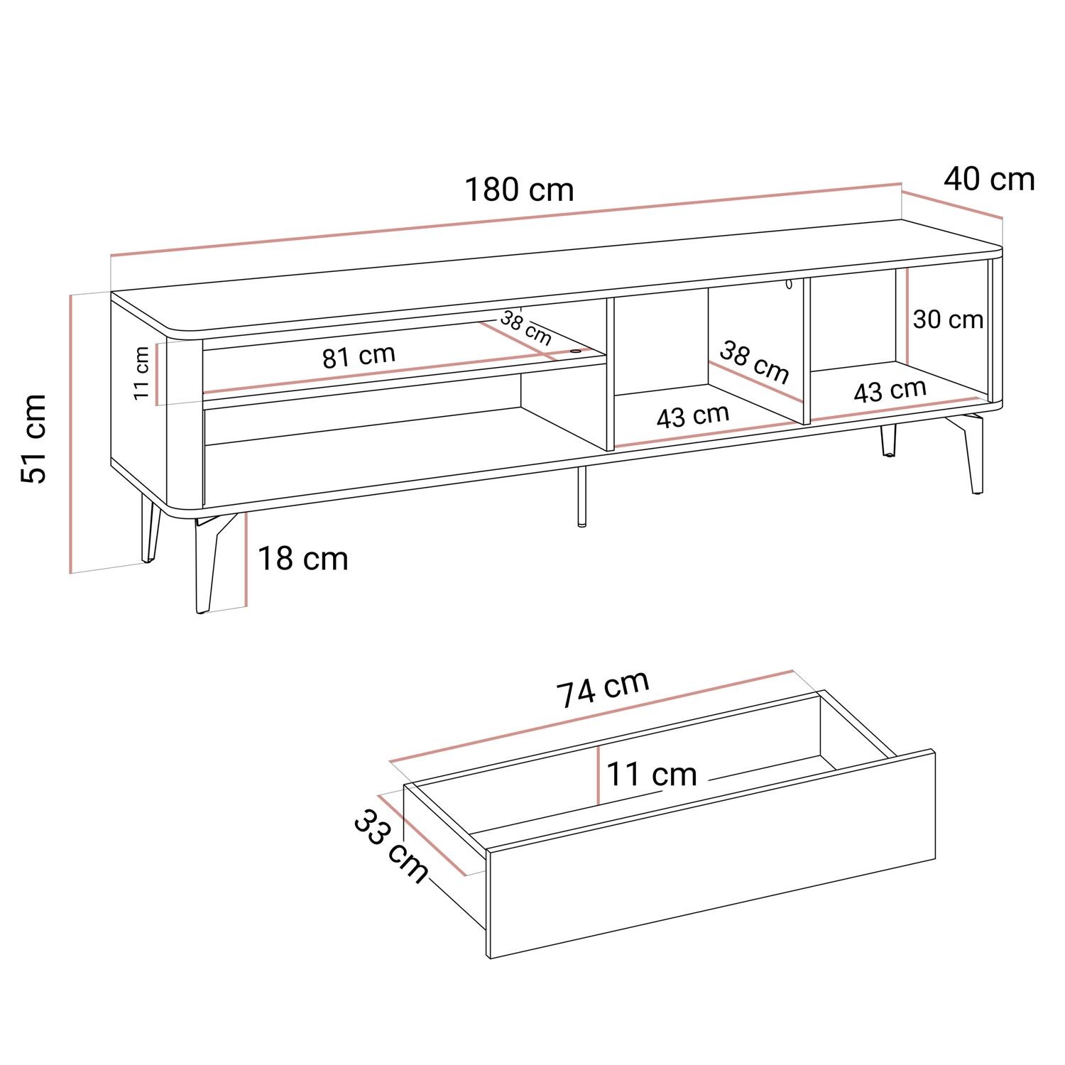 TV-Schrank MOCHA 180 cm mit Schublade und offenem Fach.