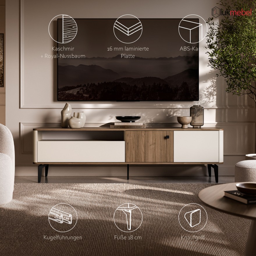 TV-Schrank MOCHA 180 cm mit Schublade und offenem Fach.