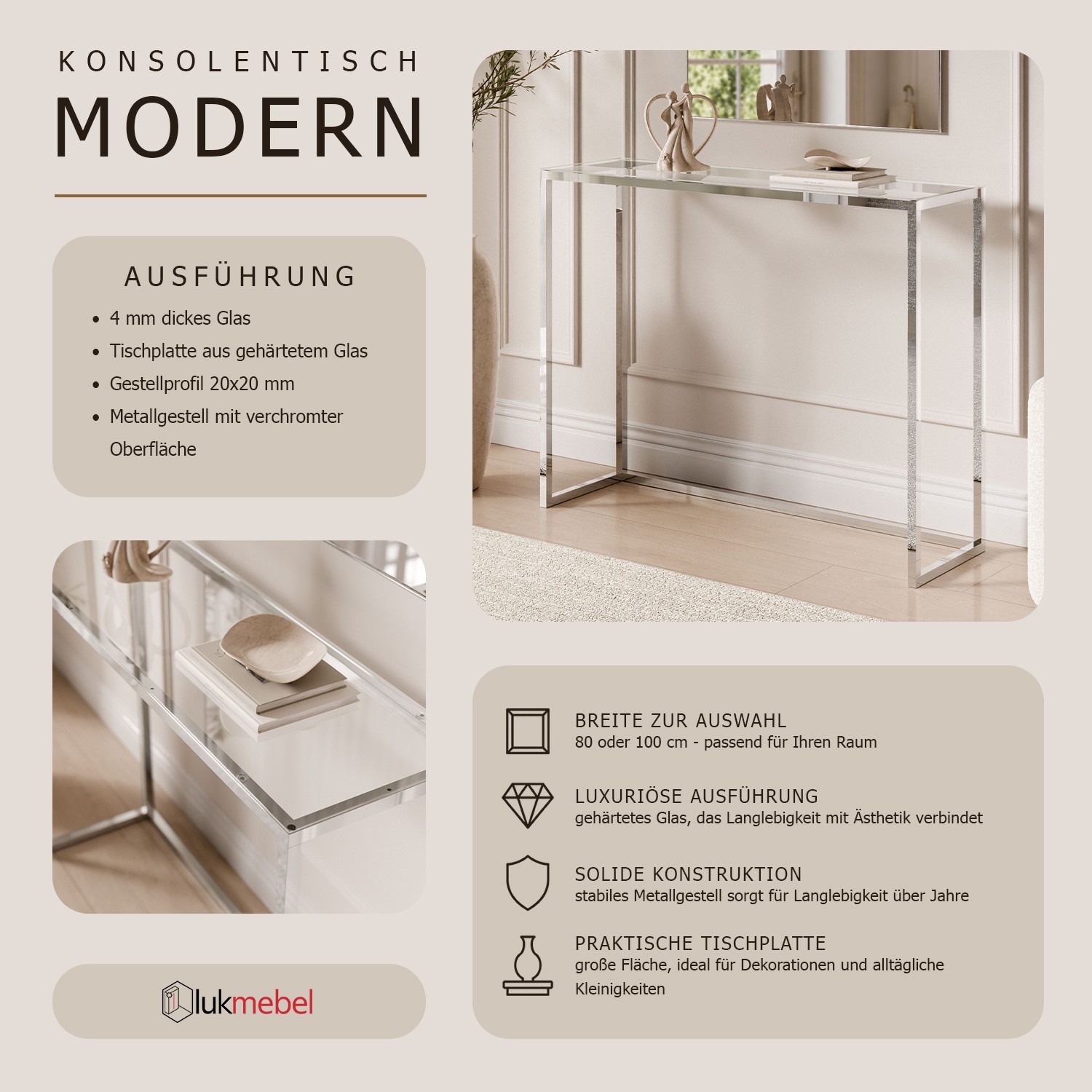 Konsole MODERN II GLASS CHROM 80/100 cm