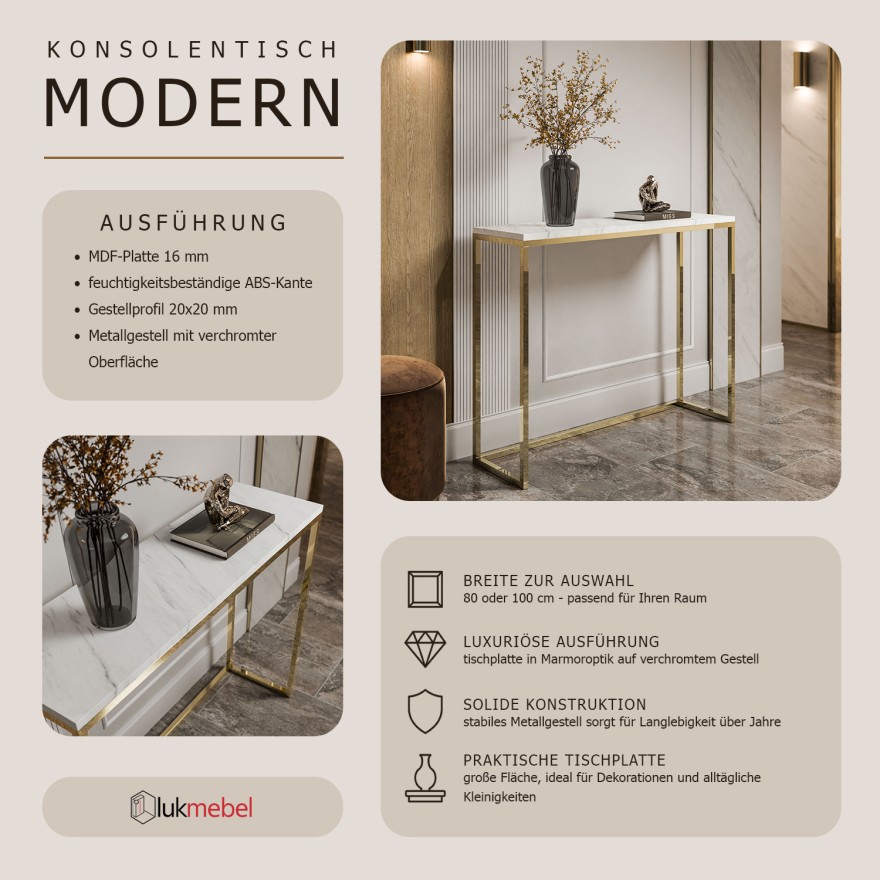 Konsole MODERN II LEVANTO GOLD CHROM 80/100 cm