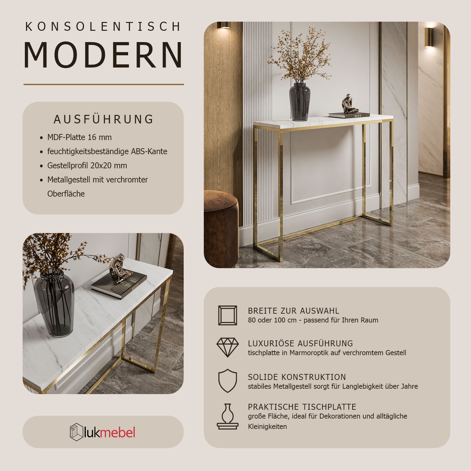 Konsole MODERN II LEVANTO GOLD CHROM 80/100 cm