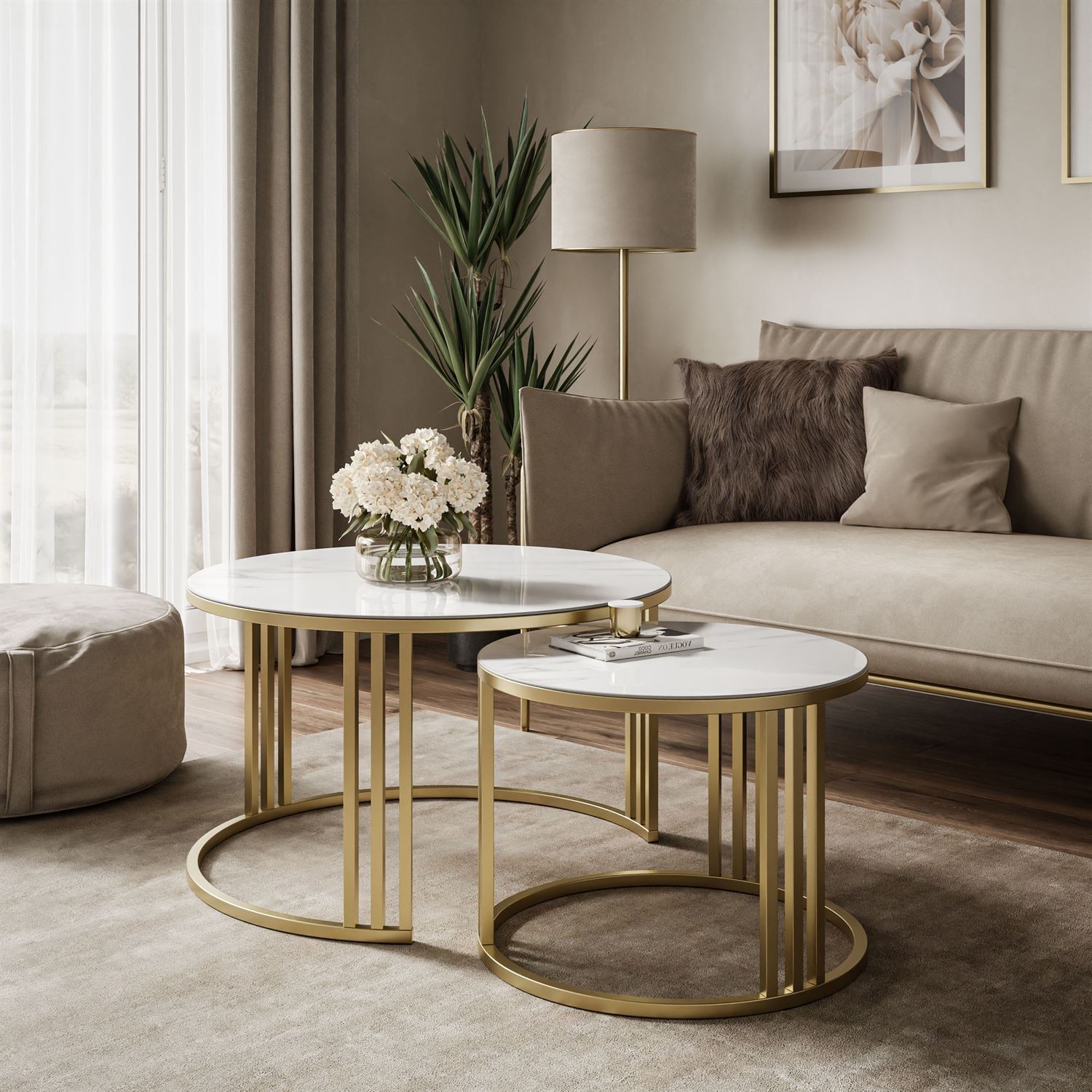 Runder Couchtisch LORI 2-in-1 mit Quarzkomposit GOLD BRUSH