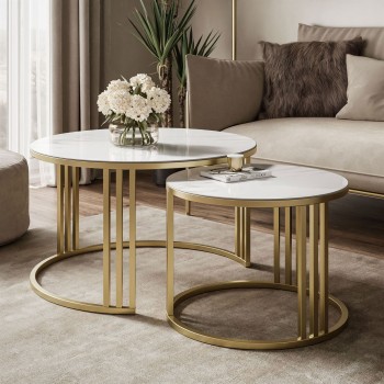 Runder Couchtisch LORI 2-in-1 mit Quarzkomposit GOLD BRUSH
