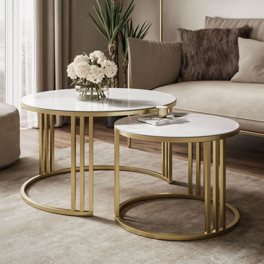 Runder Couchtisch LORI 2-in-1 mit Quarzkomposit GOLD BRUSH