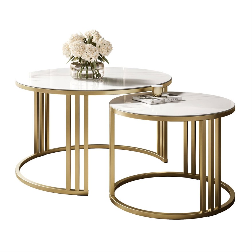 Runder Couchtisch LORI 2-in-1 mit Quarzkomposit GOLD BRUSH