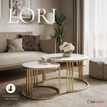 Runder Couchtisch LORI 2-in-1 mit Quarzkomposit GOLD BRUSH