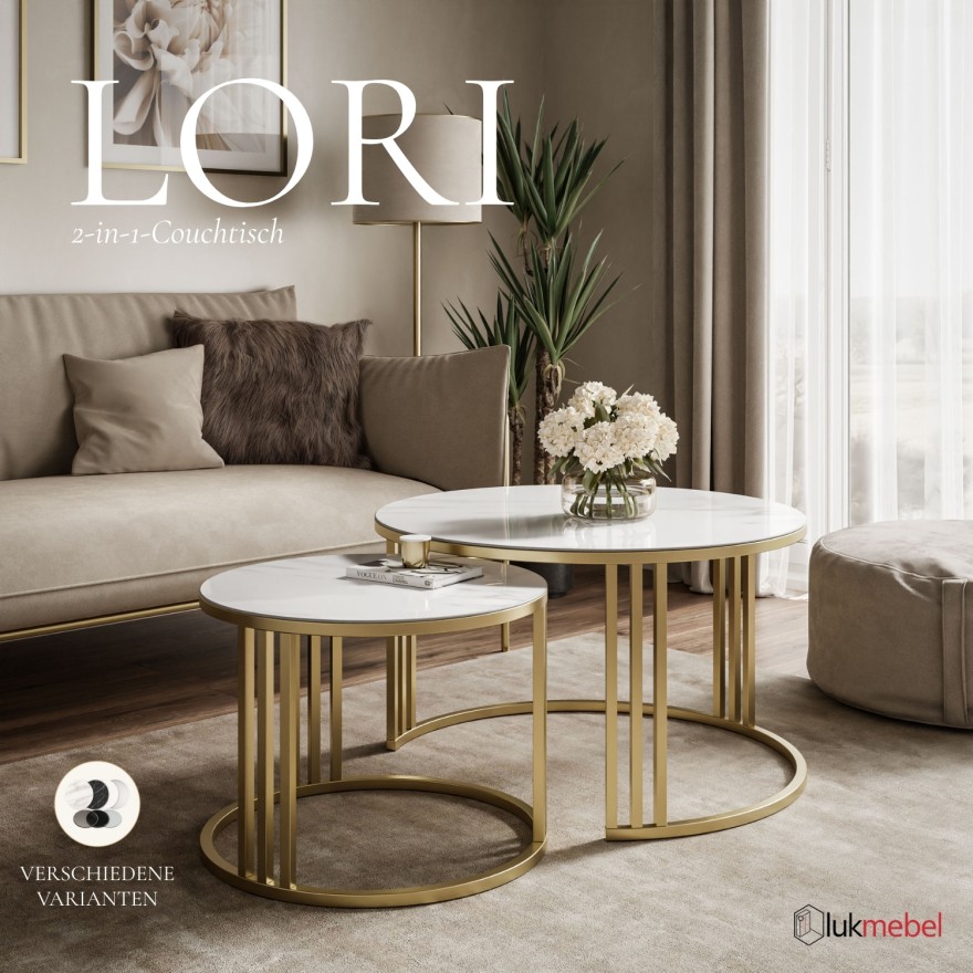 Runder Couchtisch LORI 2-in-1 mit Quarzkomposit GOLD BRUSH
