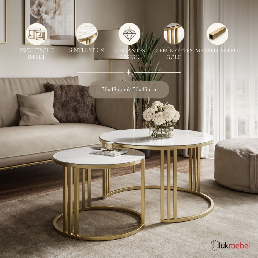 Runder Couchtisch LORI 2-in-1 mit Quarzkomposit GOLD BRUSH
