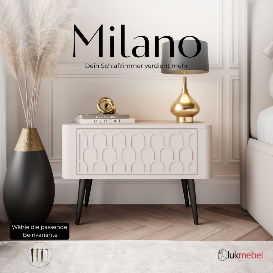 Nachttisch MILANO mit dekorativen Fronten auf hohen Beinen