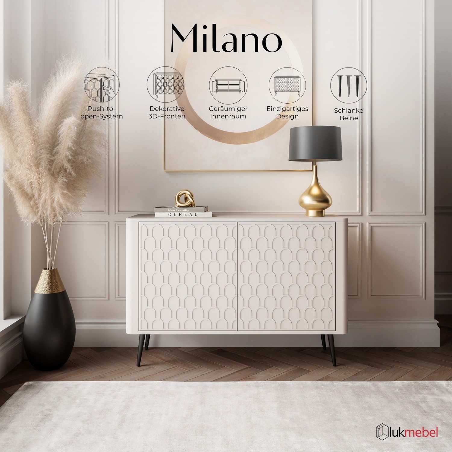 Kommode MILANO 2D mit dekorativen Fronten auf hohen Beinen