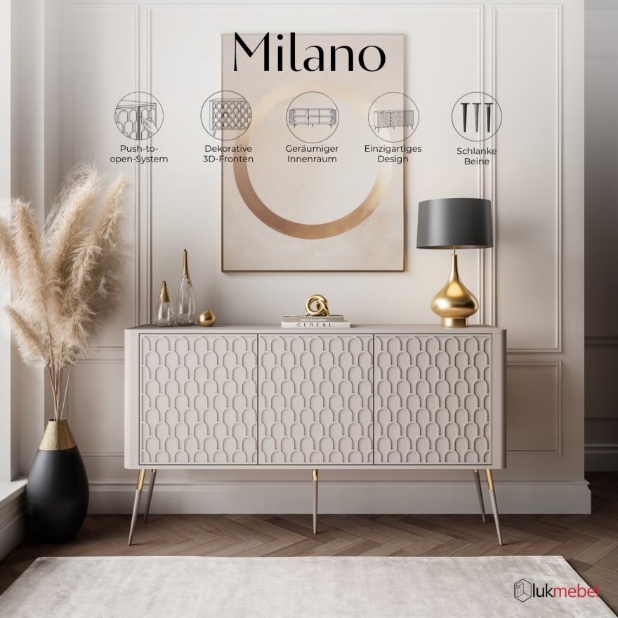 Kommode MILANO 3D mit dekorativen Fronten auf hohen Beinen