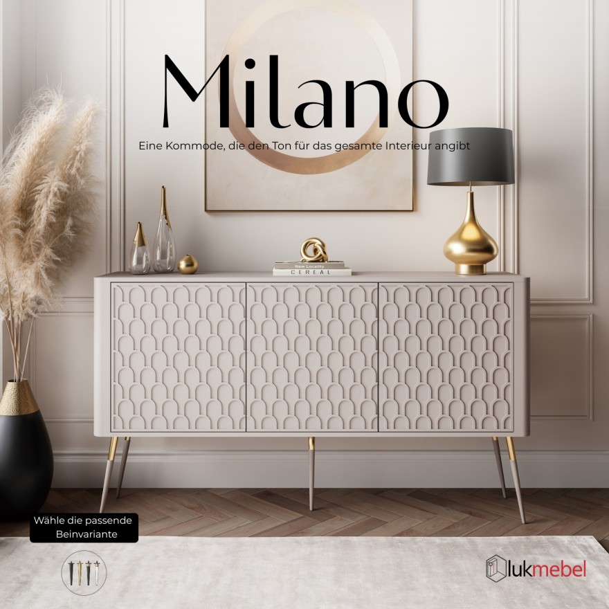 Kommode MILANO 3D mit dekorativen Fronten auf hohen Beinen