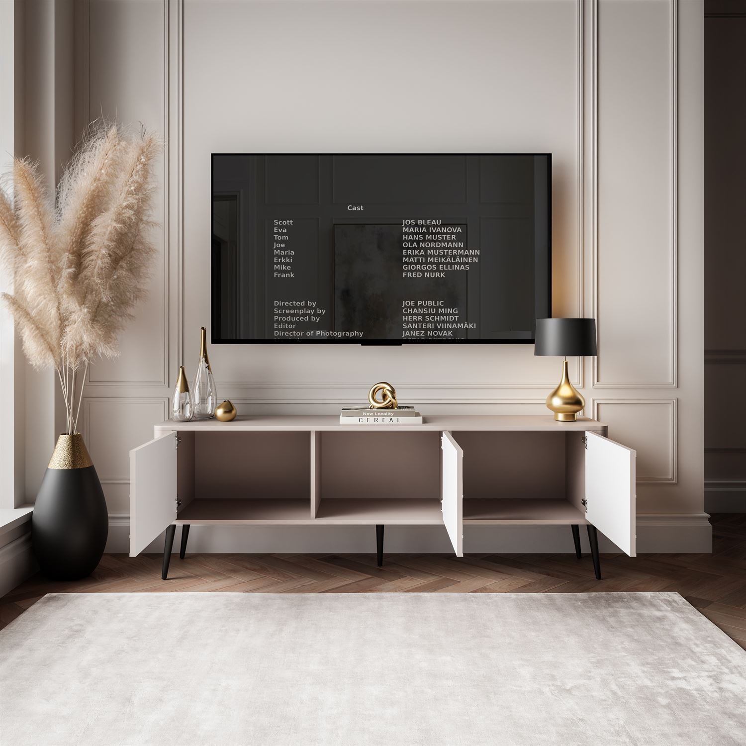 TV-Schrank MILANO 3D mit dekorativen Fronten auf hohen Füßen