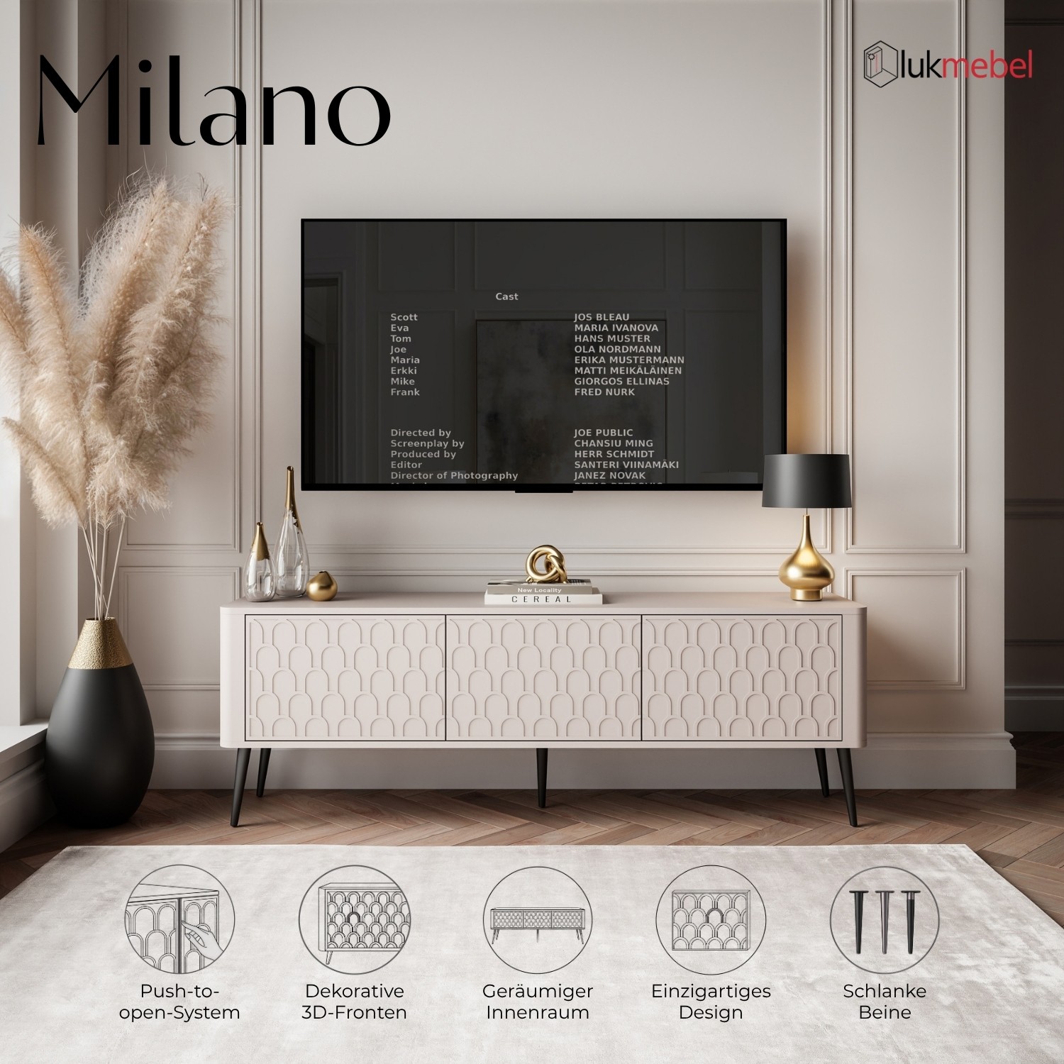 TV-Schrank MILANO 3D mit dekorativen Fronten auf hohen Füßen