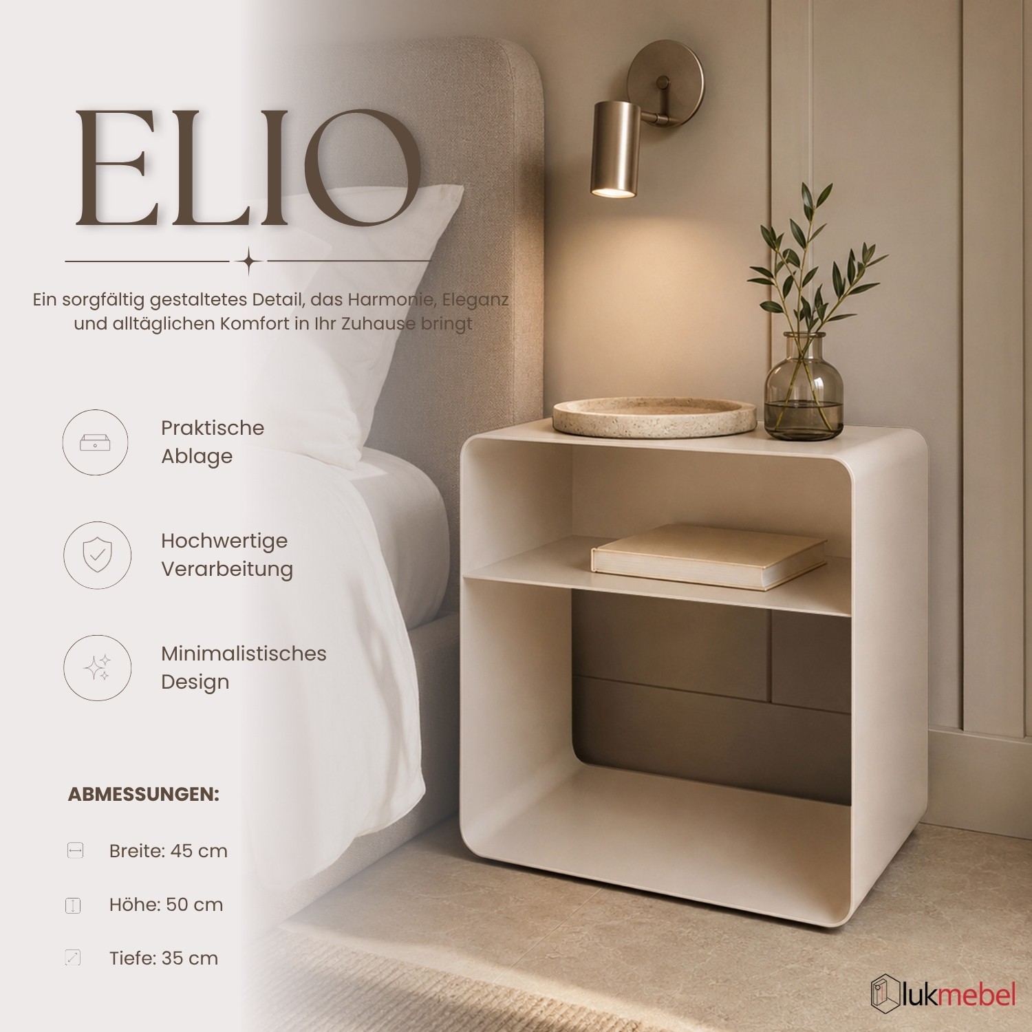Nachttisch ELIO mit offenem Fach und abgerundeten Seiten
