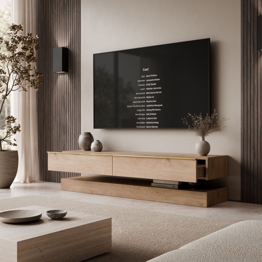 TV-Schrank SKY II 140 cm mit goldenen Griffen und LED-Beleuchtung