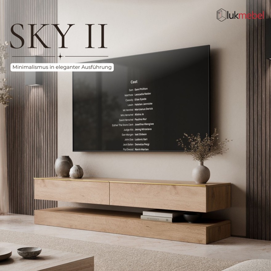 TV-Schrank SKY II 140 cm mit goldenen Griffen und LED-Beleuchtung