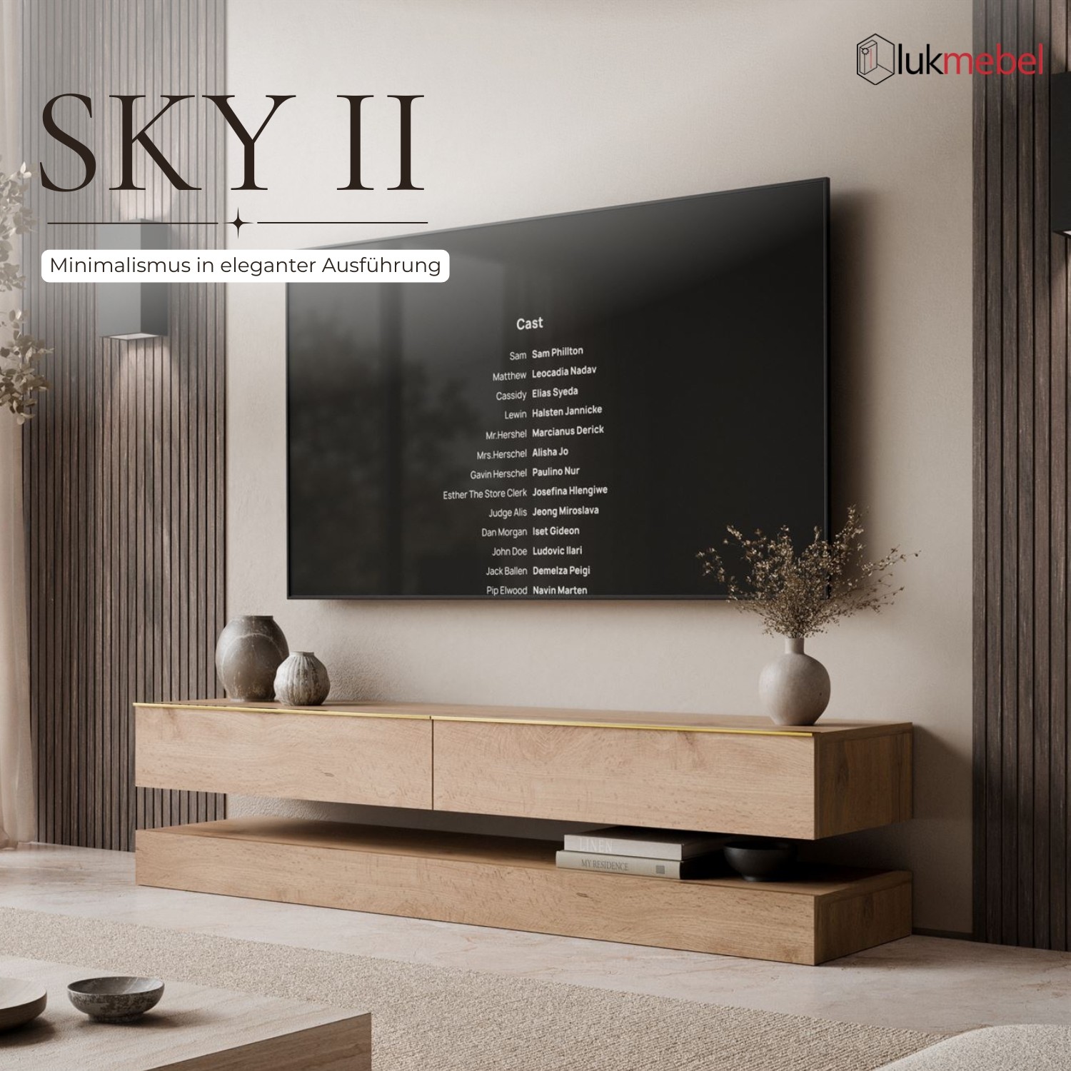TV-Schrank SKY II 140 cm mit goldenen Griffen und LED-Beleuchtung