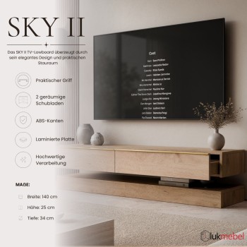 TV-Schrank SKY II 140 cm mit goldenen Griffen und LED-Beleuchtung