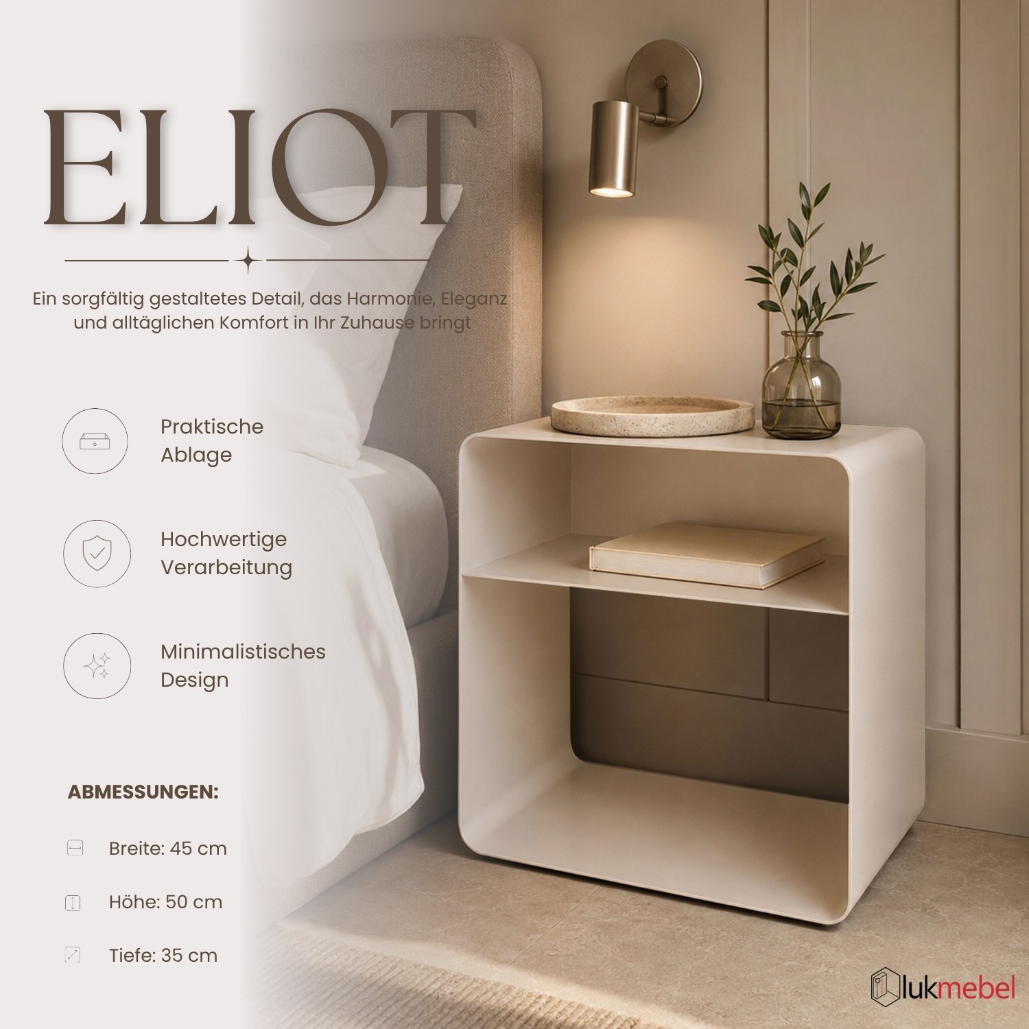 Nachttisch ELIOT mit offenem Fach und abgerundeten Seiten