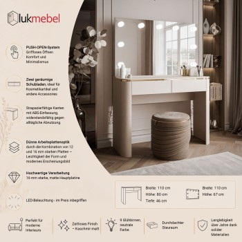 Schminktisch AVELINE ELITE mit Spiegel und LED-Beleuchtung