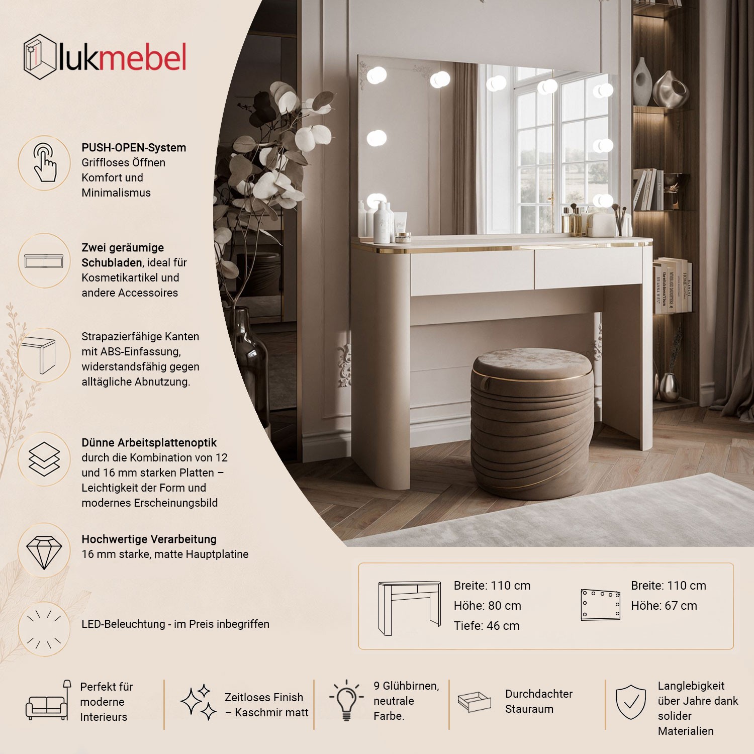 Schminktisch AVELINE ELITE mit Spiegel und LED-Beleuchtung
