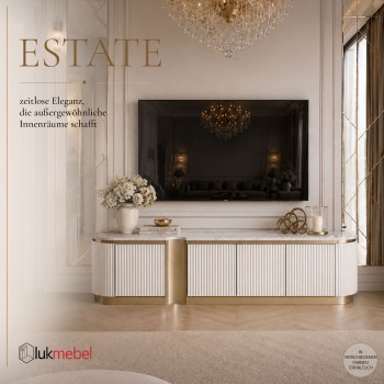 TV-Schrank ESTATE mit geriffelten Fronten und einer Arbeitsplatte aus Kunstmarmor