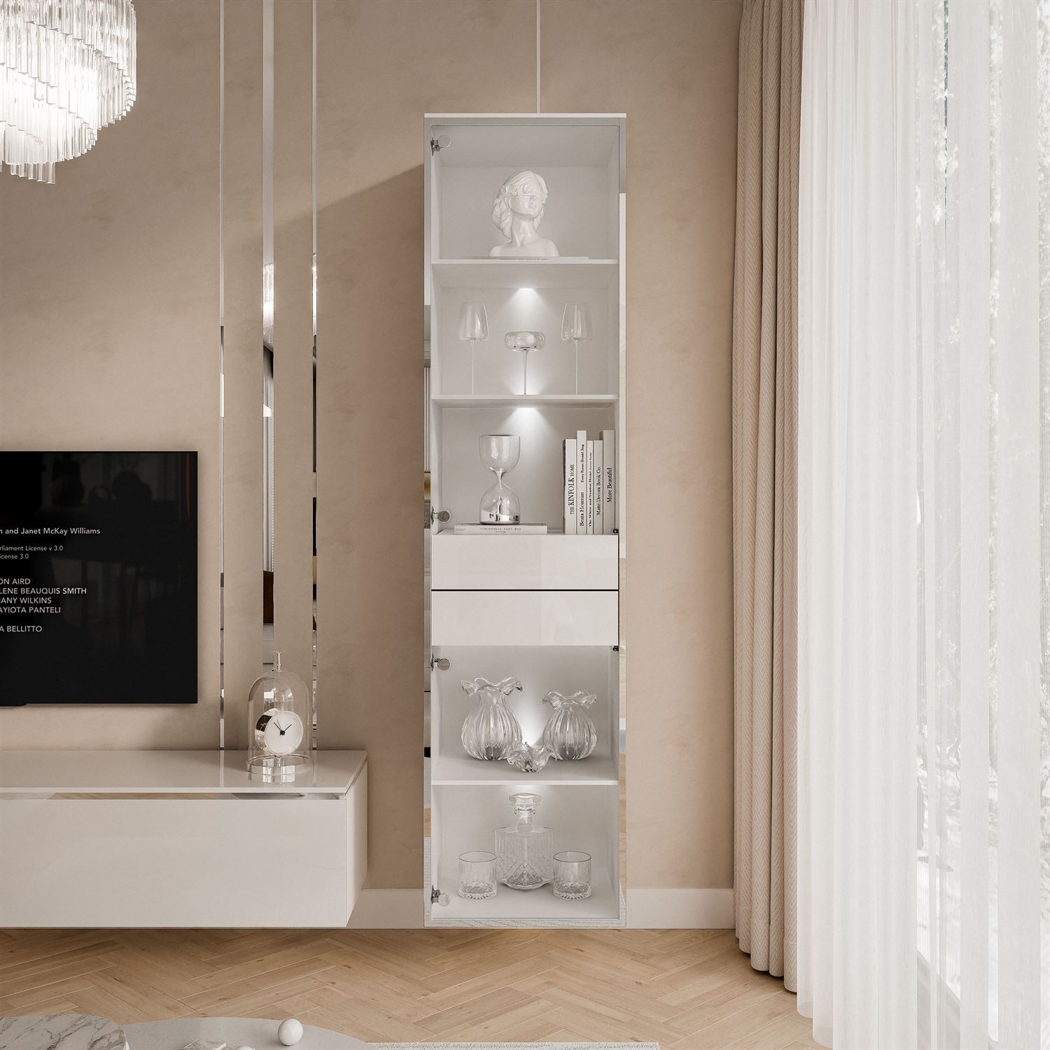 Vitrine für das Wohnzimmer AURORA SILVER mit LED-Beleuchtung