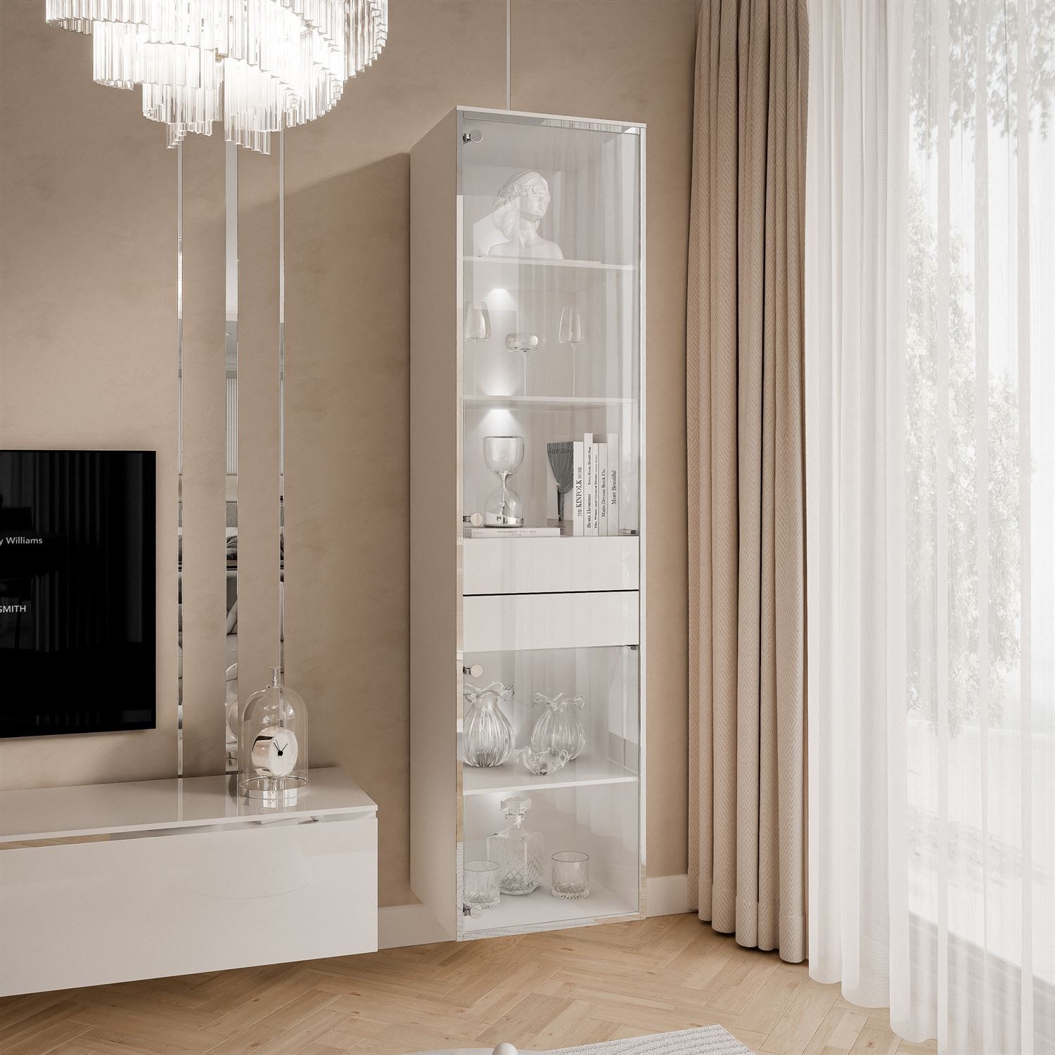 Vitrine für das Wohnzimmer AURORA SILVER mit LED-Beleuchtung